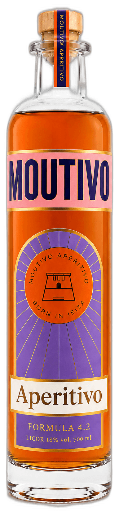 MOUTIVO Aperitivo bottle in front of Es Vedrà at sunset.